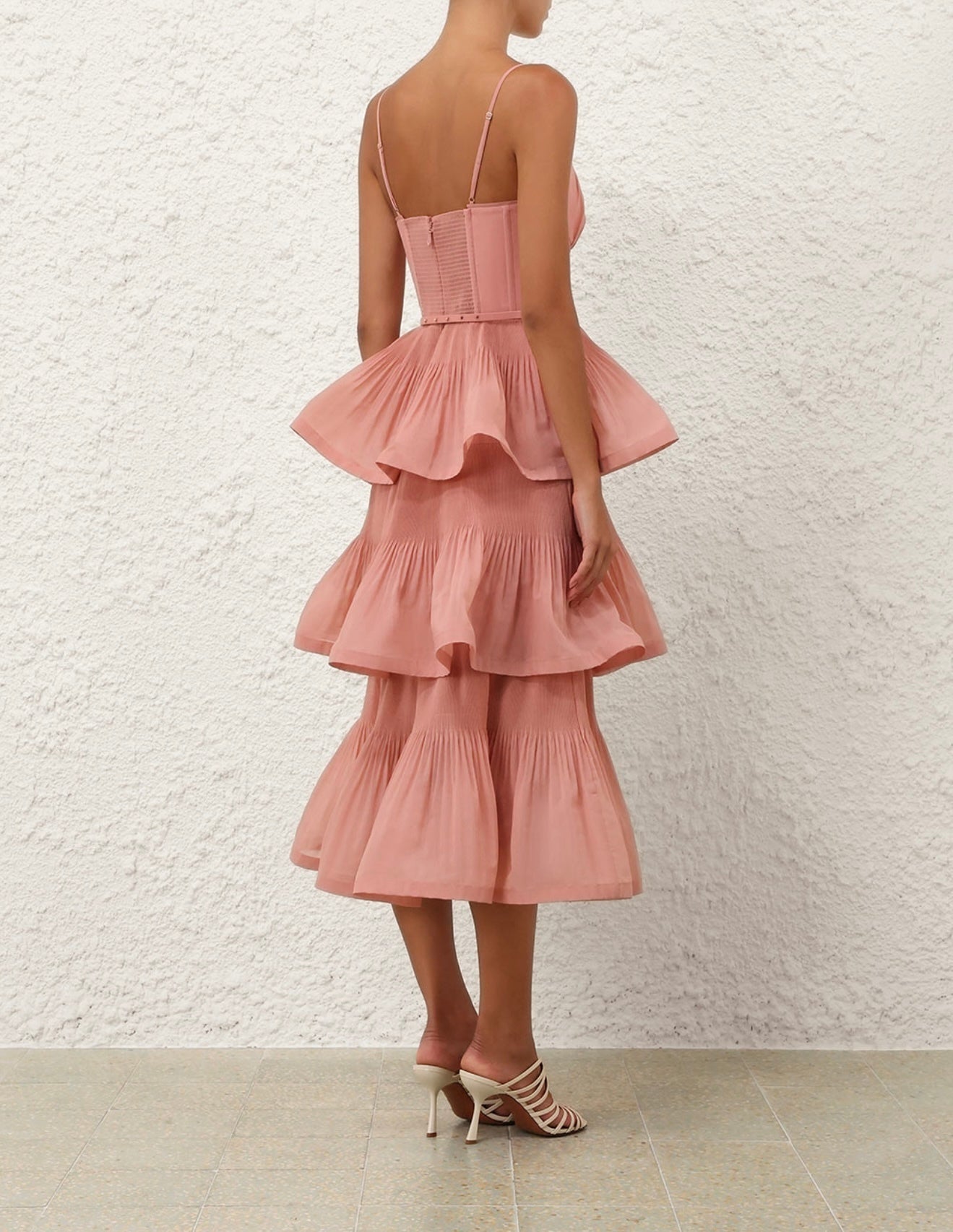 Zimmermann Pleated Tiered Midi Dress in Dusty Pink