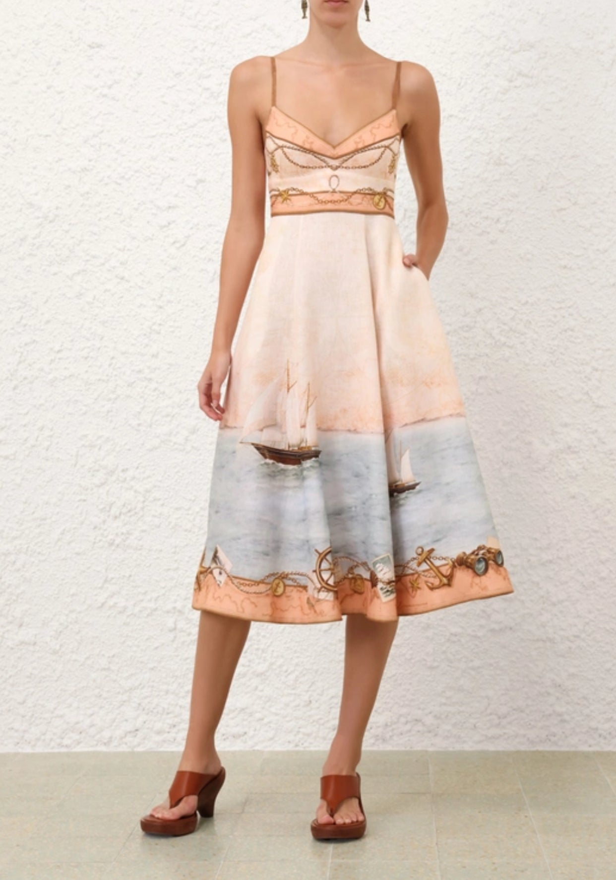 Zimmermann Scarborough Picnic Midi Dress in Peach Nautical Map