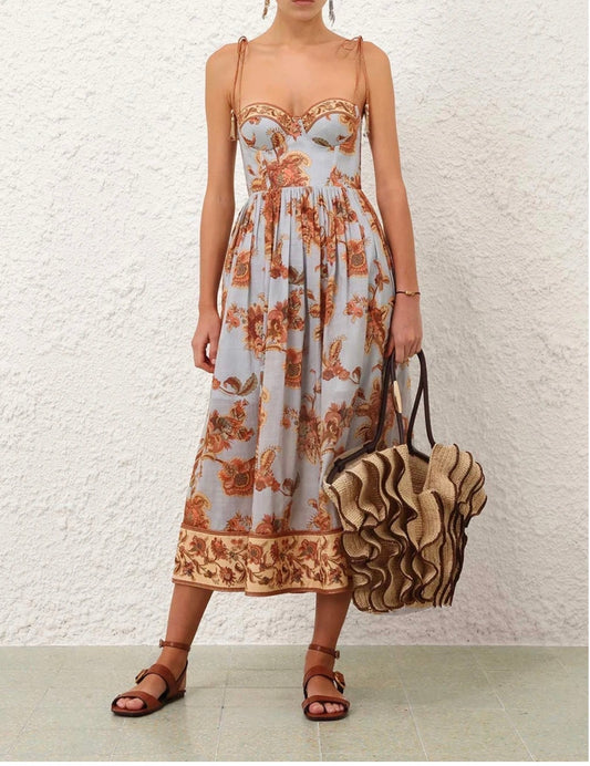 Zimmermann Aster Corset Midi Dress in Blue Jacobean