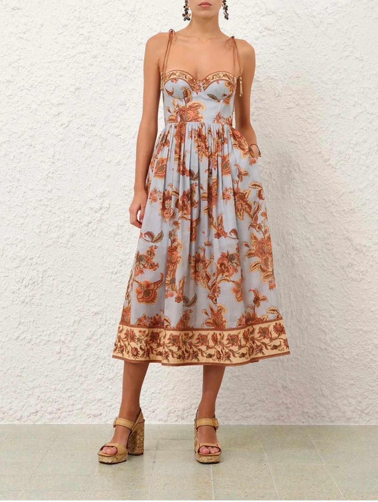 Zimmermann Aster Corset Midi Dress in Blue Jacobean