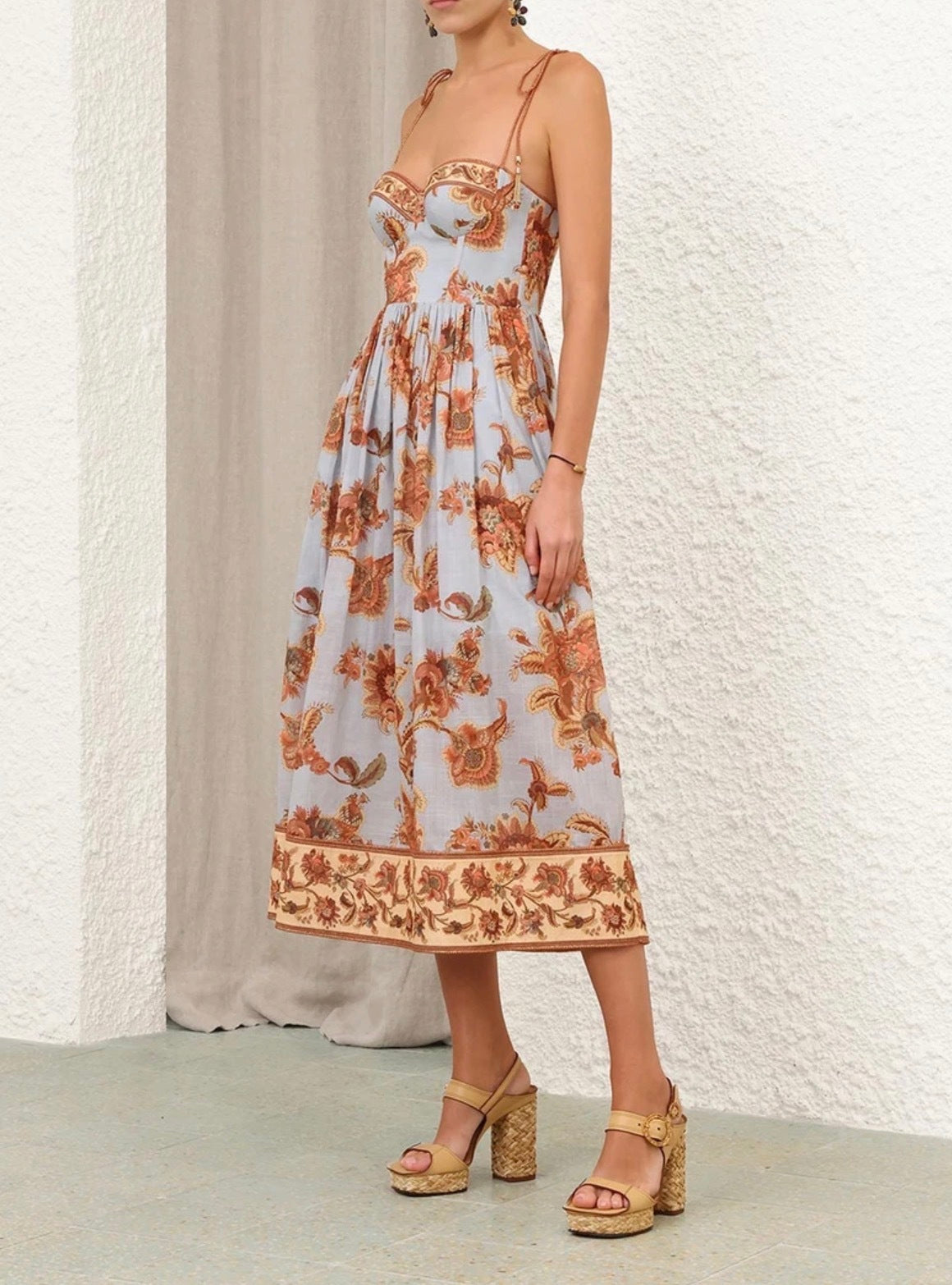 Zimmermann Aster Corset Midi Dress in Blue Jacobean