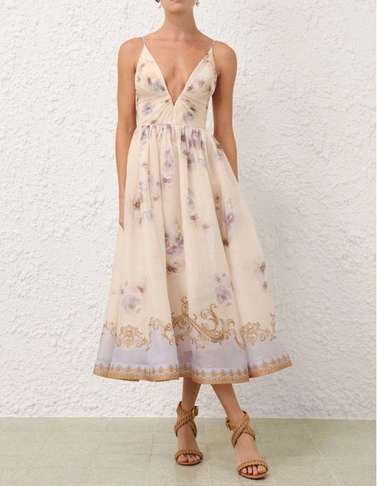 Zimmermann Hypnotic V Neck Midi Dress in Blue Floral