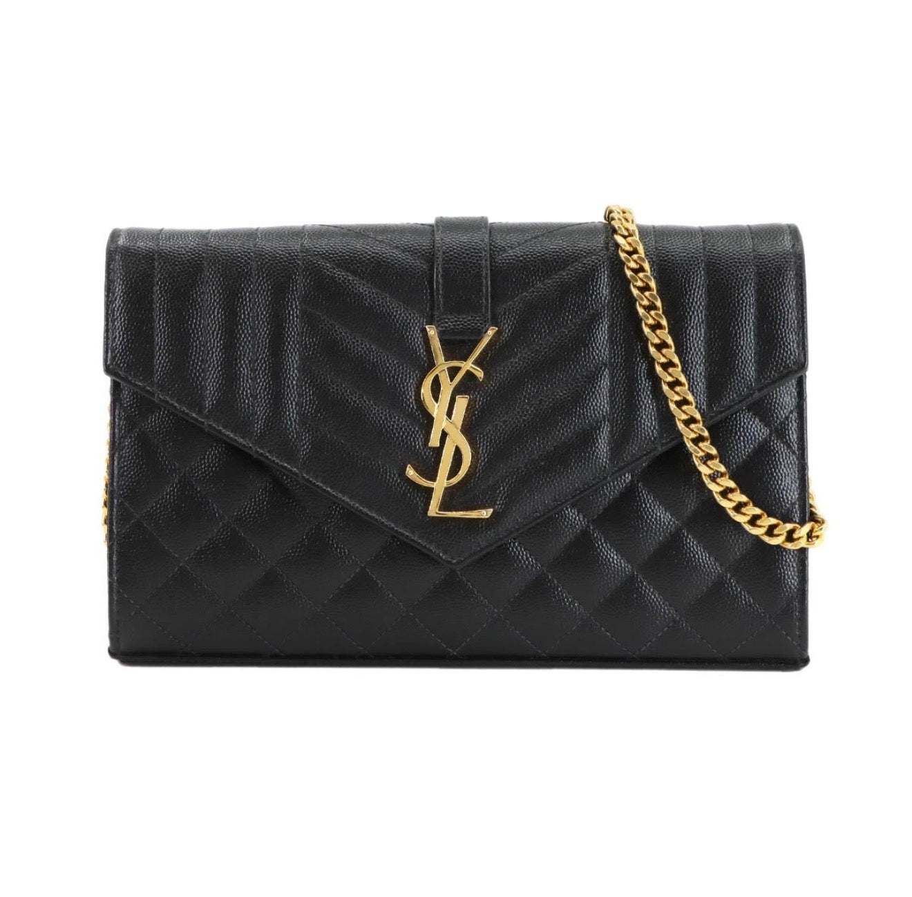 YSL Saint Laurent Classic Cassandre Chain Wallet in Grain de Poudre Leather Black with Gold Hardware