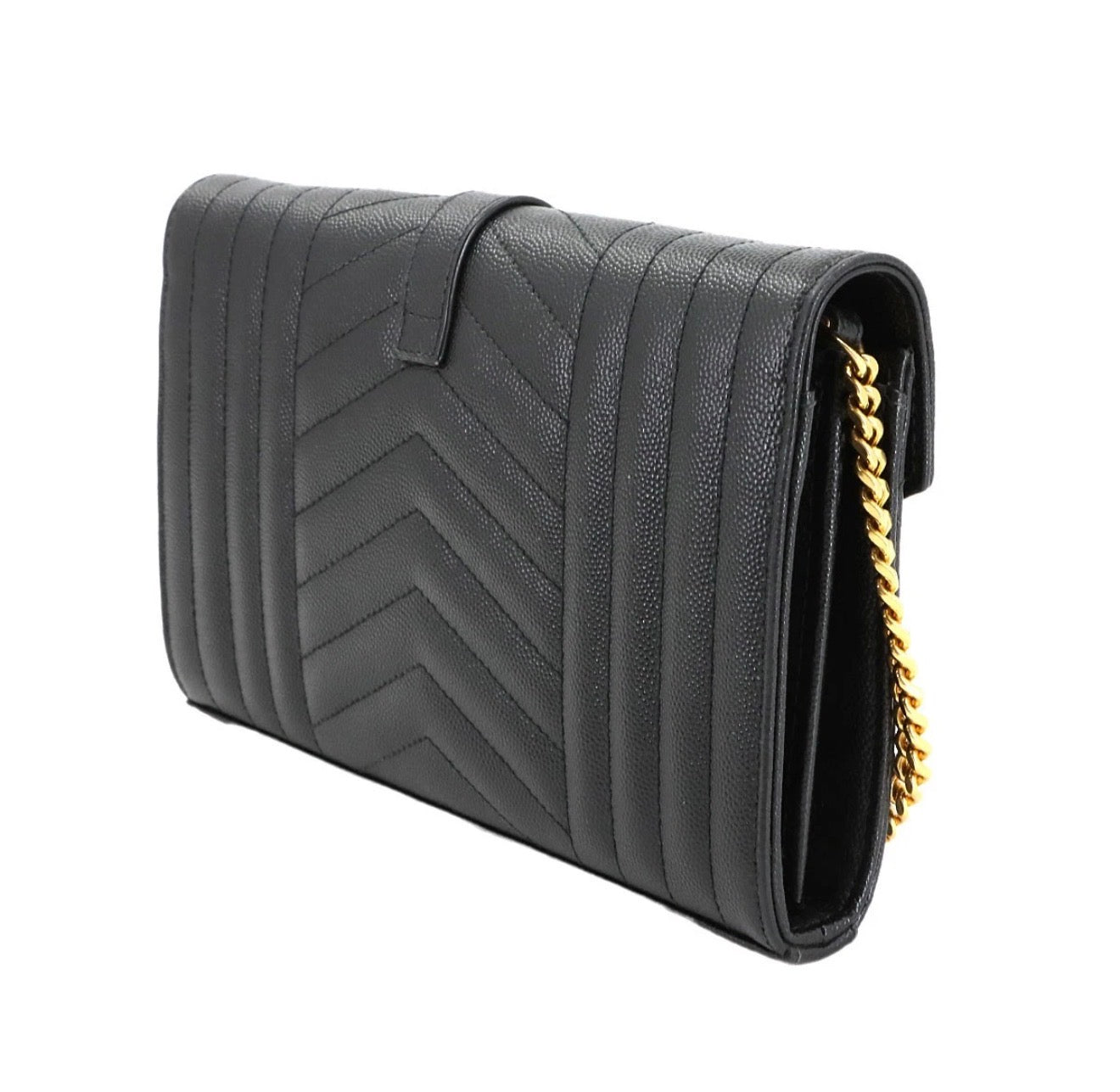 YSL Saint Laurent Classic Cassandre Chain Wallet in Grain de Poudre Leather Black with Gold Hardware