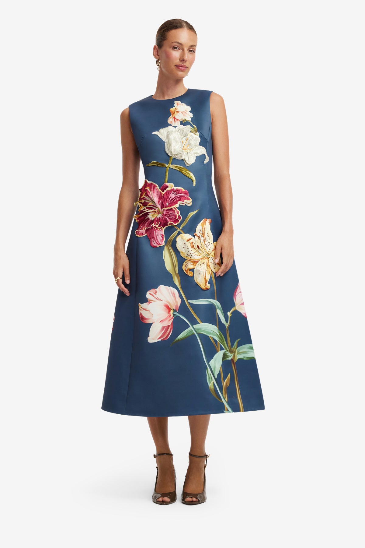 Leo Lin Cleo Embroidered Sleeveless Midi Dress l Lily Print in Indigo