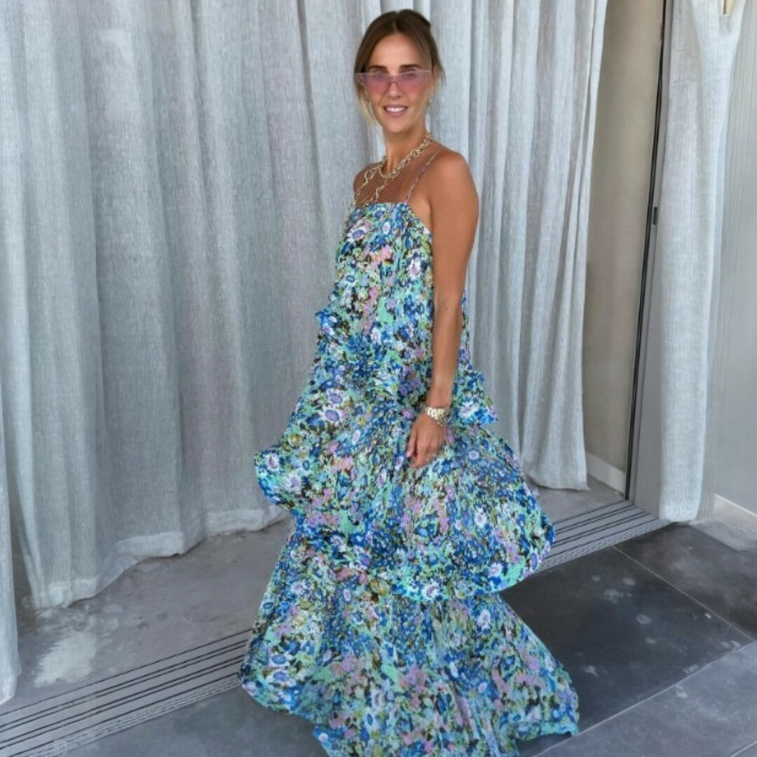 Elliatt Armani Tiered Maxi Dress In Blue Floral