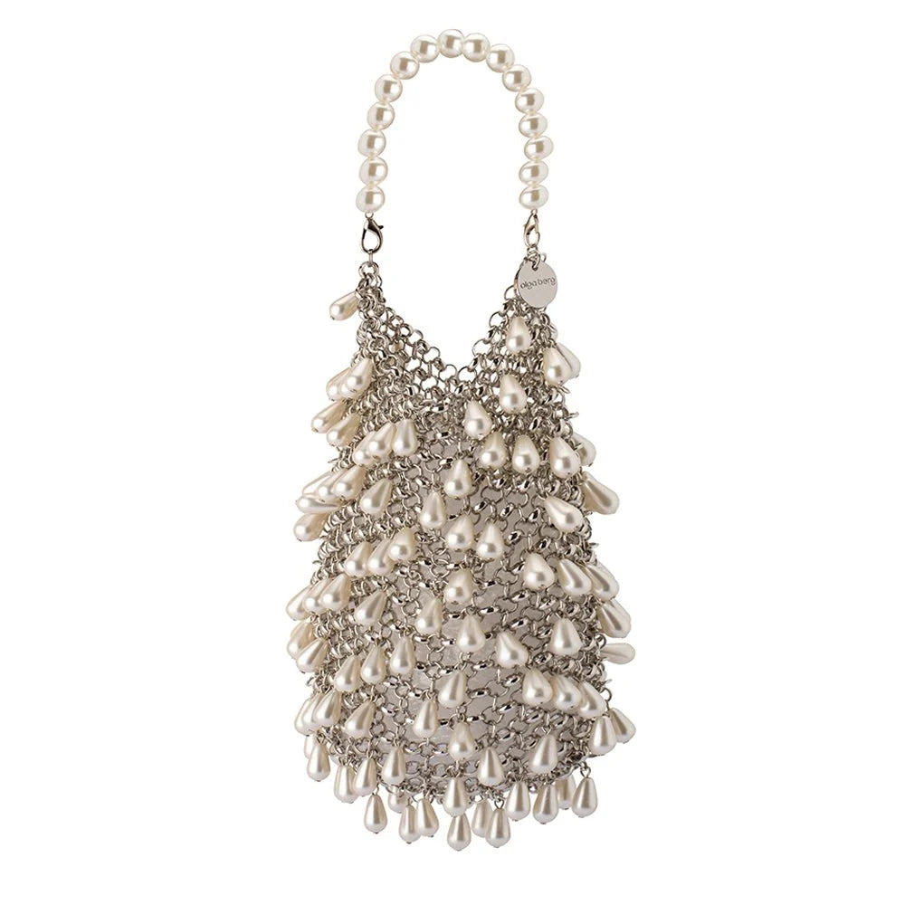 Olga Berg Jaden Pearl Chainmail Evening Bag l Silver