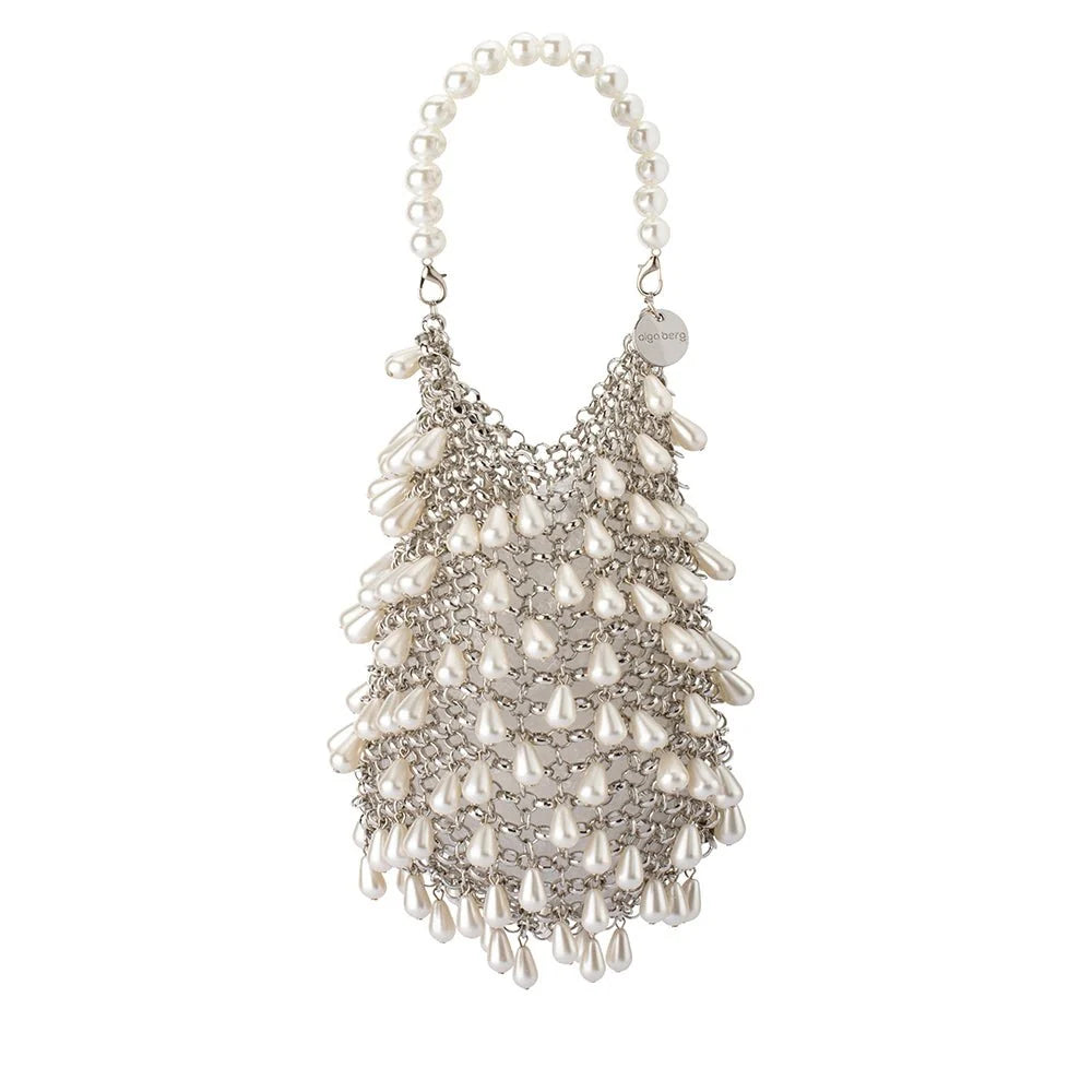 Olga Berg Jaden Pearl Chainmail Evening Bag l Silver