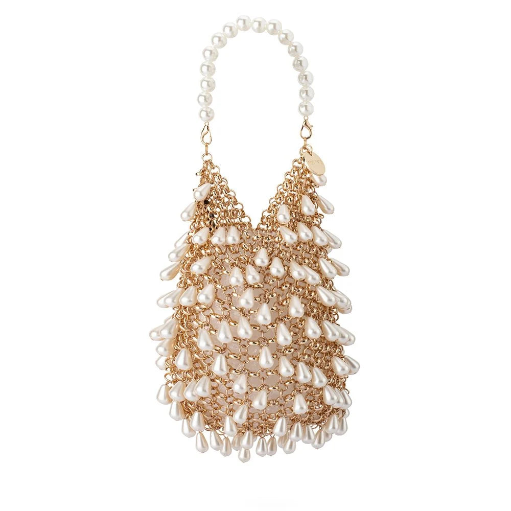 Olga Berg Jaden Pearl Chainmail Evening Bag l Gold