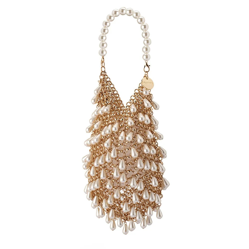 Olga Berg Jaden Pearl Chainmail Evening Bag l Gold
