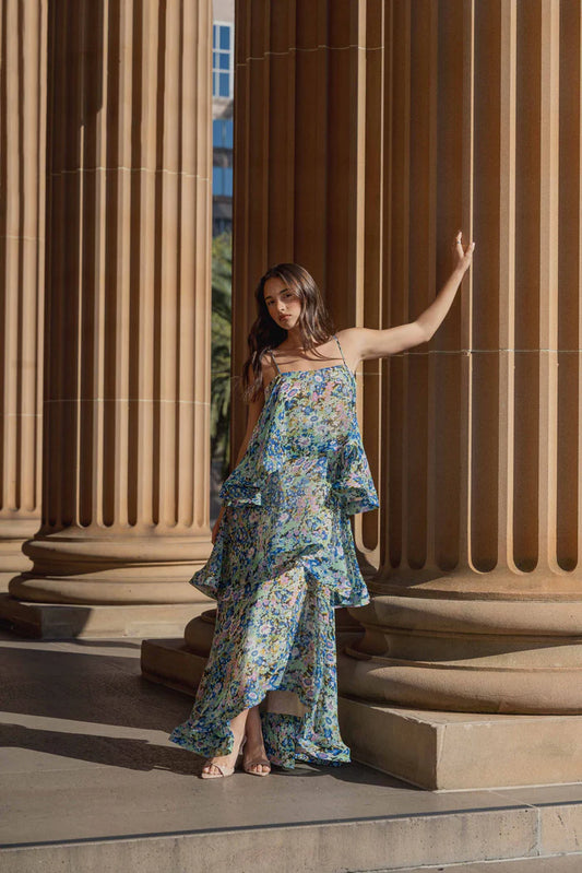 Elliatt Armani Tiered Maxi Dress In Blue Floral